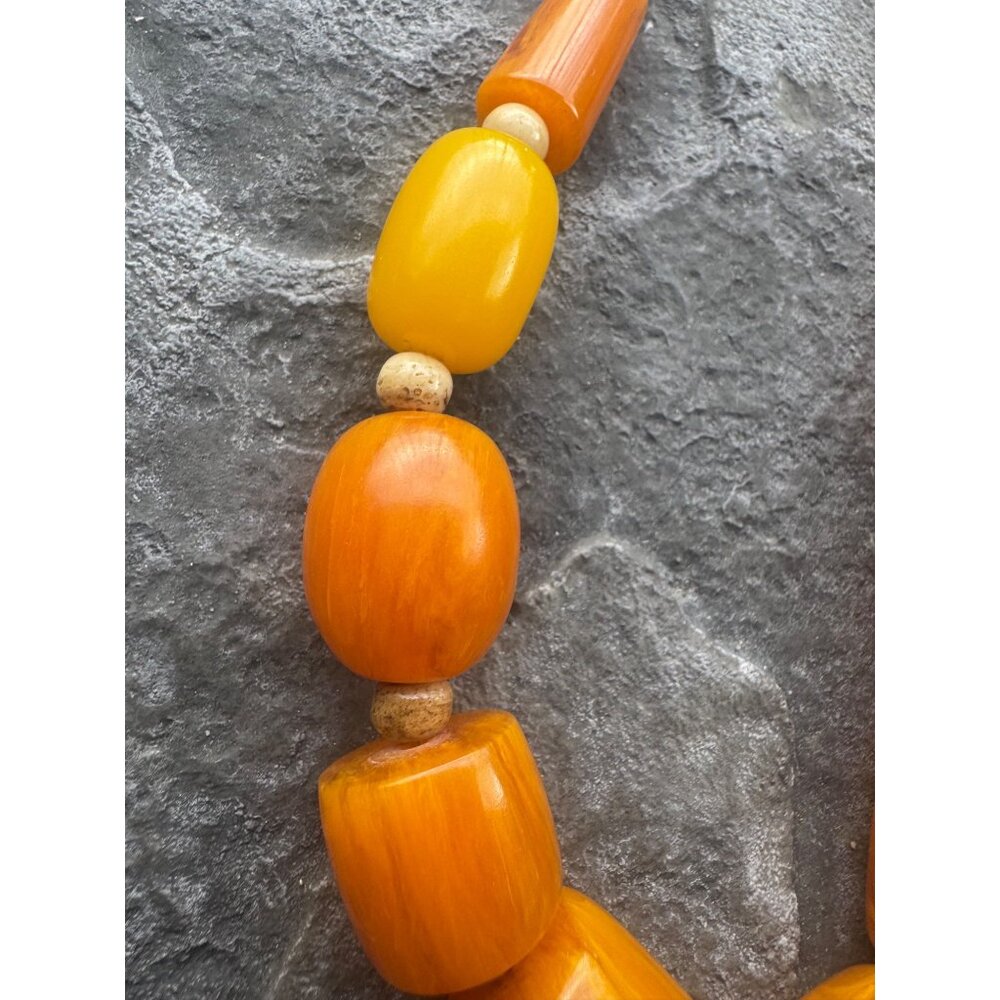 Vintage Bohemian Style Orange & Yellow Beaded Necklace With Wooden Accents - Picture 2 of 6
